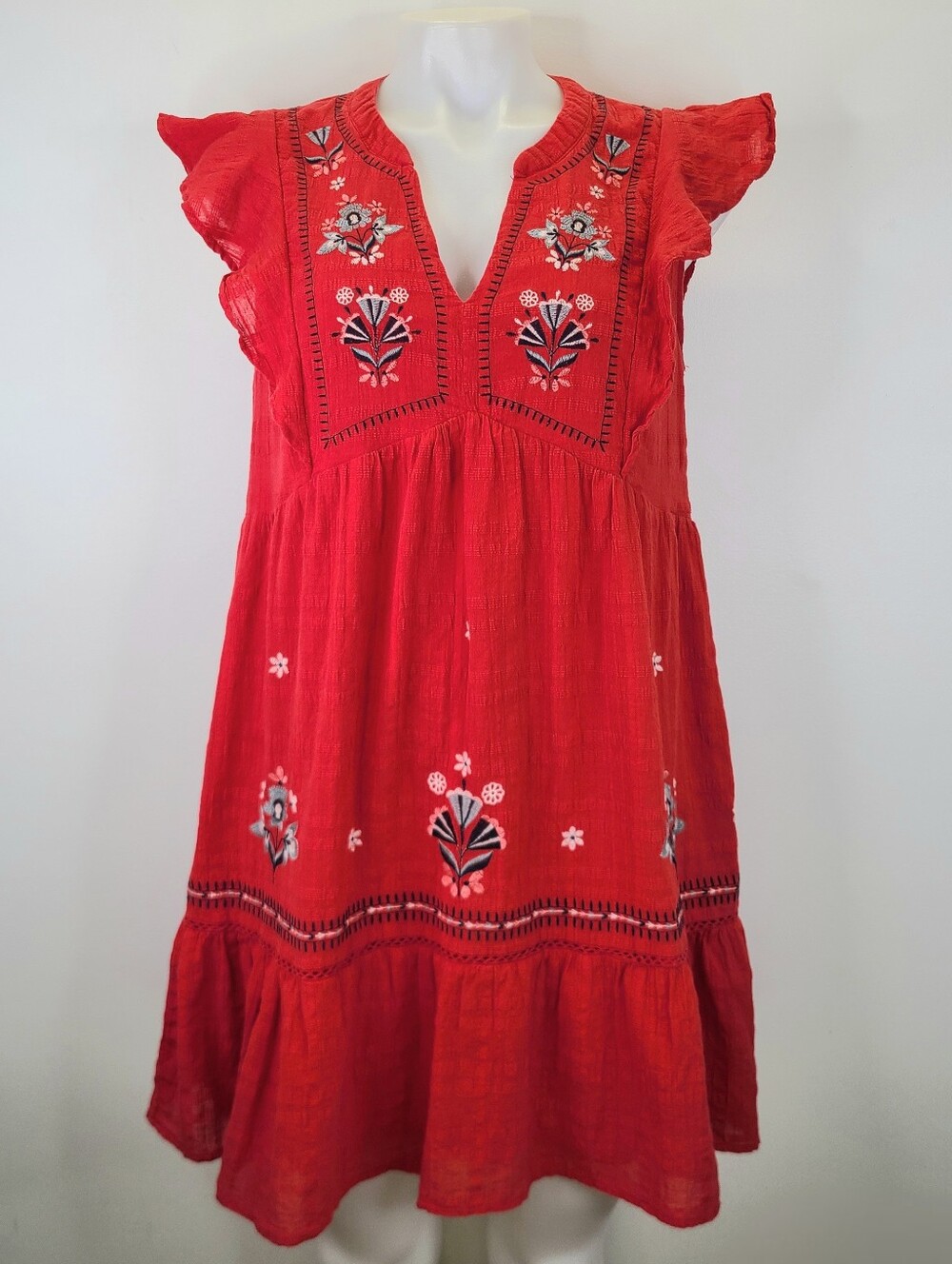 Knox Rose Red Embroidered V-Neck Flutter Ruffle Sleeve Dress 100% Cotton Medium - Picture 15 of 15